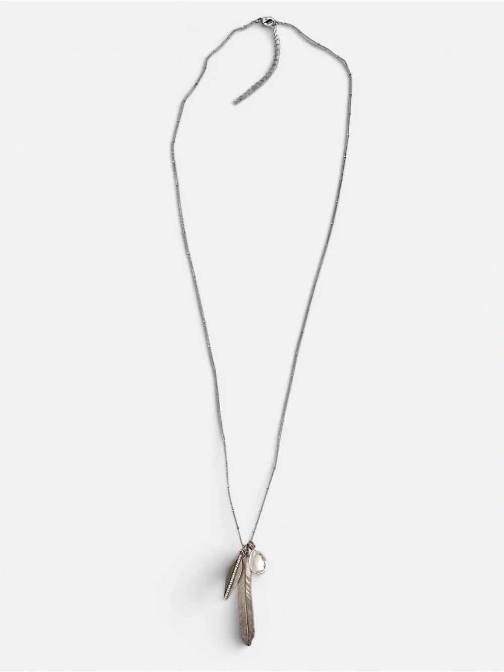 Silver Tone Feather Pendant Necklace with Clear Crystal Charm